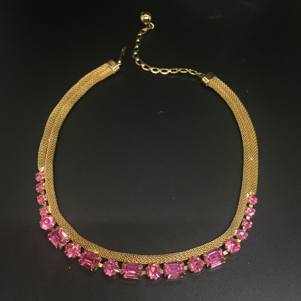 Vintage Pink Rhinestone Mesh Chain Necklace